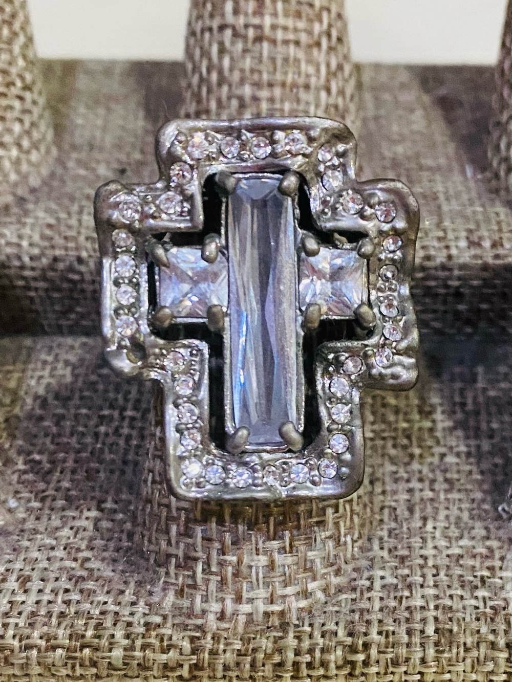 Clear Rhinestone Cross Statement Ring – Size 6